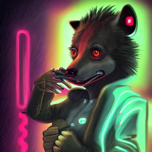 Image similar to digital painting of anthromorphic hyena female smoking cigarrete, fursona, furry fandom, furaffinity, neon rainy cyberpunk setting, anthro, wearing cyberpunk leather jacket, detailed face, blade runner, zootopia style,