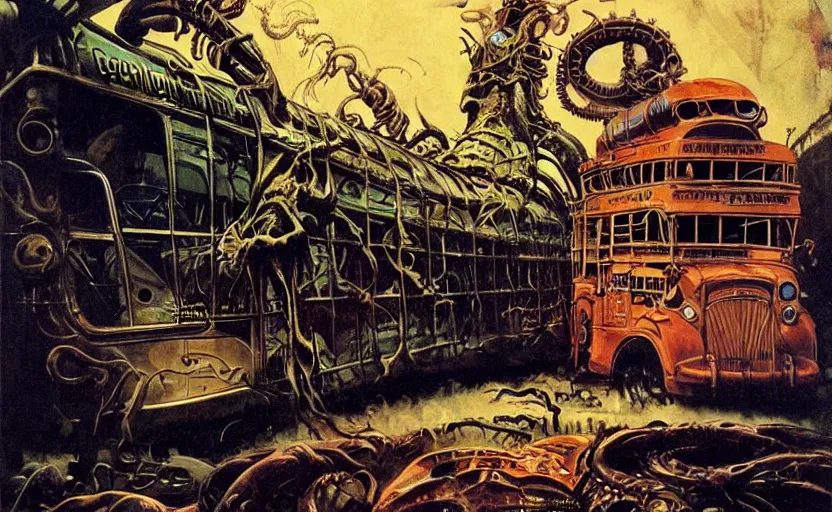 Image similar to cthulhu devouring a steampunk school bus. highly detailed science fiction painting by norman rockwell, frank frazetta, and syd mead. rich colors, high contrast, gloomy atmosphere, dark background. trending on artstation