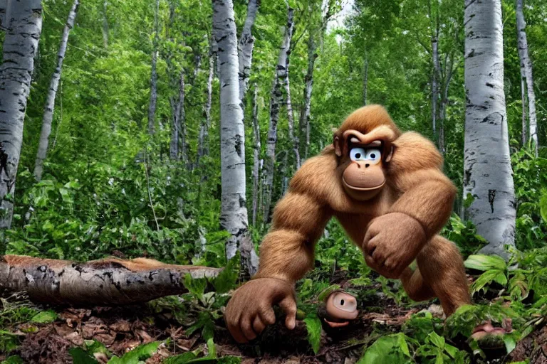 Image similar to close up of donkey kong in a forest knocking down trees, a white birch tree that has fallen over, donkey kong from nintendo 6 4