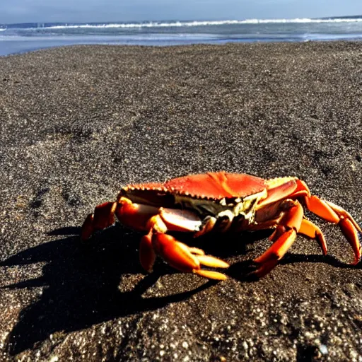 Image similar to crab on beach on sand, sea in the background, sun is shining