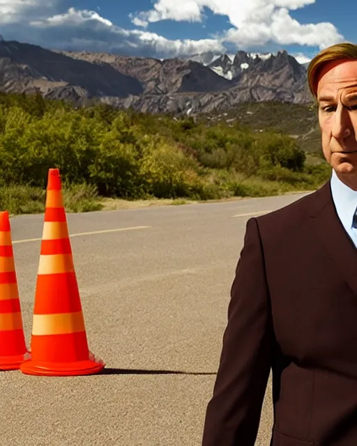 Image similar to film still saul goodman depressed, mountain backround with a traffic cone nearby.