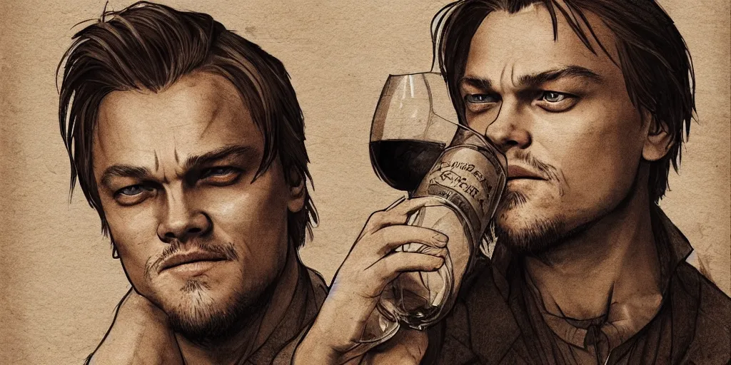 Image similar to cartoonish leonardo di caprio drinking wine, character sheet, fine details, concept design, contrast, kim jung gi, greg rutkowski, trending on artstation, 8 k, full body, turnaround, front view, back view, ultra wide angle