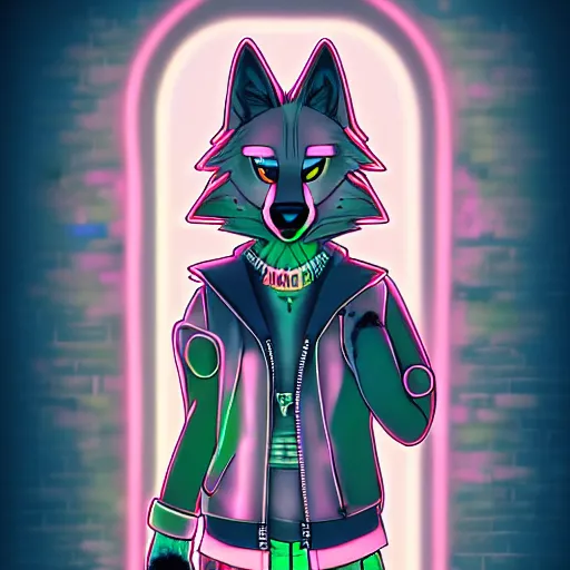 Image similar to beautiful furry art portrait commission of a androgynous furry anthro wolf fursona both wearing punk clothes in the streets of a cyberpunk city. neon signs.