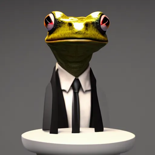 Image similar to a high quality photo of an antropomorphic frog wearing a suit, 3d scene, render, ultra realistic, artstation, cgsociety