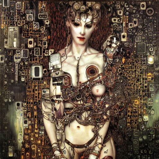 Image similar to depraved cybernetic demon lovers trapped in circuitry, intricate detail, klimt, royo, whealan,