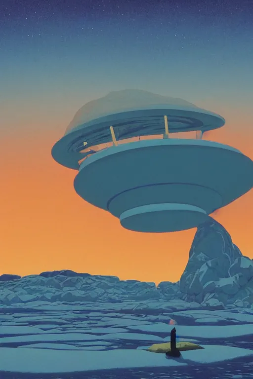 Prompt: a closeup painting of a mysterious unidentified object dreaming psychedelic hallucinations in the vast icy landscape of Antarctica, by kawase hasui, moebius and Edward Hopper, colorful flat surreal design, hd, 8k, artstation