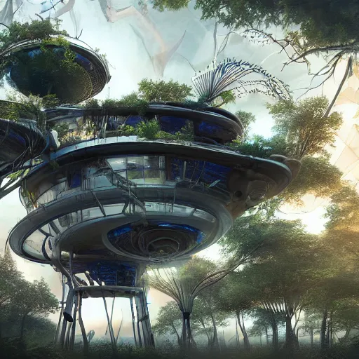 Image similar to futuristic treehouse by Jim Burns, fine art, digital art, cinematic lighting, hyperdetailed, 8k, high resolution, insanely detailed and intricate, unreal engine, octane render