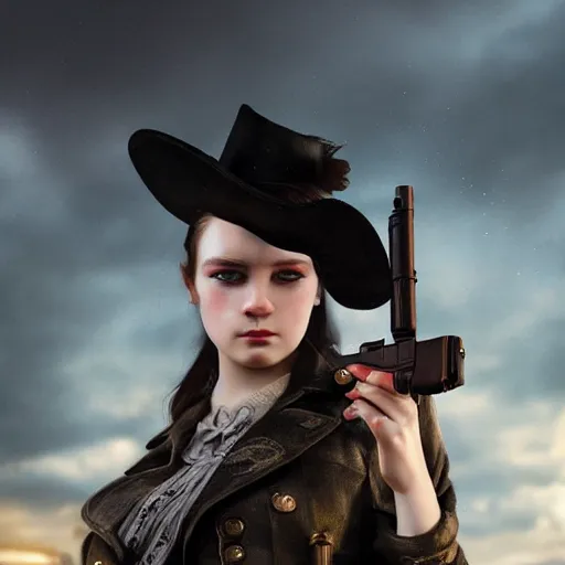 Image similar to Young girl in steampunk clothes, she wears boots and holds a gun, full body shot, sharp focus, photography, very detailed, dark hair, octane render, by greg rutkowski, by nikon, by Iphone, 4k