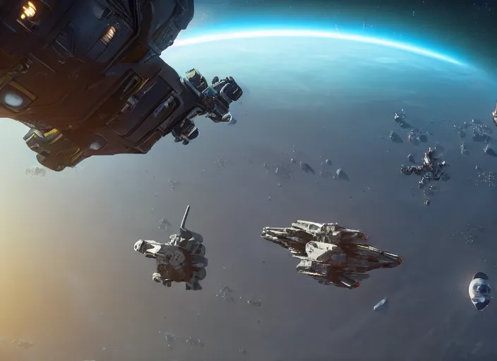 Image similar to still of star citizen's freelancer orbiting a planet, 8 k, unreal engine, nvidia 3 0 8 0 graphics
