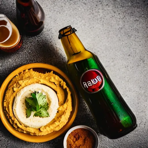 Prompt: a hummus plate with a beer bottle, food photography