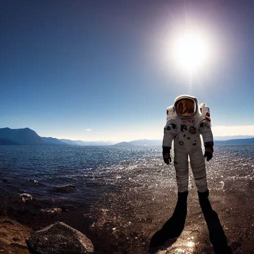 Image similar to an astronaut standing in the water of Lake Baikal and looking at the mountains