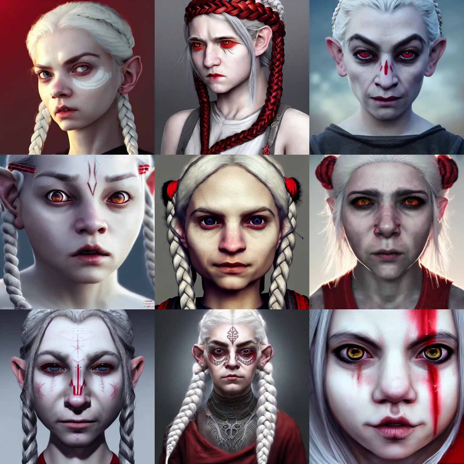 Prompt: realistic portrait of a young female halfling with white hair and a grey monks habit, strange geometric facial tattoos!!!!!, pale - white skin, red iris, long braided hair, haunted expression, artstation, cinematic lighting, hyper - detailed 8 k