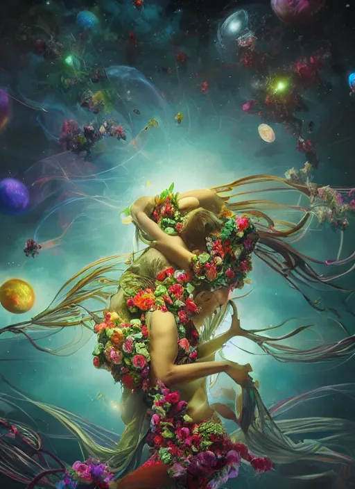 Prompt: An epic fantastic realism comic book style painting of the most beautiful entwined flowers launched gracefully across the dark spinning universe, tornado of bouquets, fisheye, unreal 5, DAZ, hyperrealistic, octane render, dynamic lighting