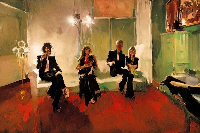 Image similar to glam rockers drinking wine, inside a tiny green room with red lights by joaquin sorolla, greg rutkowski, bill sienckiwicz, extremely detailed