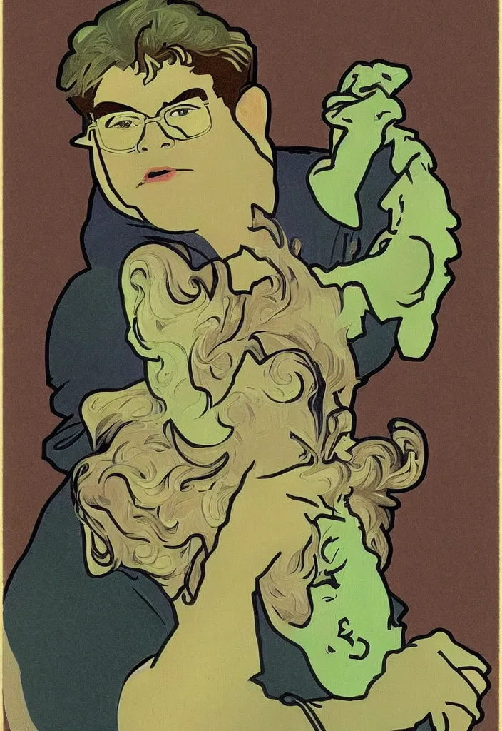 Image similar to yann lecun impersonated as shrek, in art style by alphonse mucha