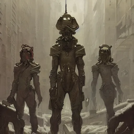 Image similar to portrait of futuristic soldiers squad on the art deco streets of the undying empire city of ya - sattra during the festival of masks, snow, winter, award - winning realistic sci - fi concept art by beksinski, bruegel, greg rutkowski, alphonse mucha, and yoshitaka amano