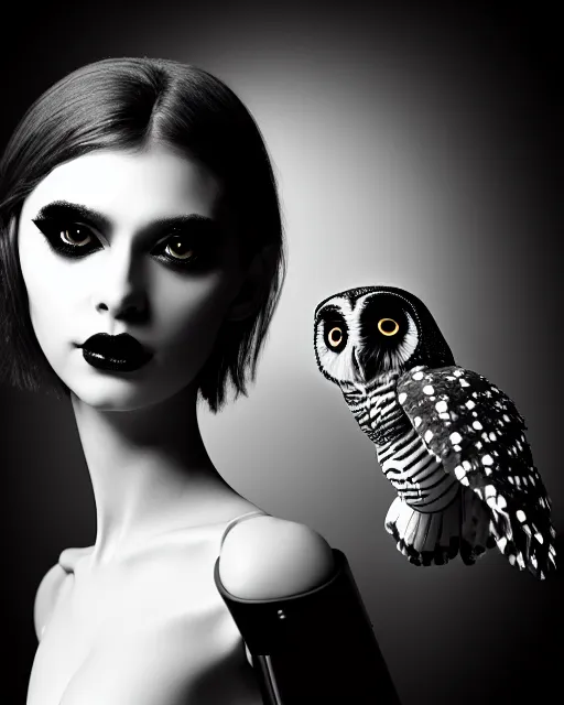 Image similar to surreal mythical dreamy dark artistic black and white fine art 3 / 4 fashion portrait photo of a young beautiful delicate female robot with orchid - owl face, rim light, cinematic, studio dramatic light, poetic, masterpiece, octane render, 8 k, photo - realistic by hg giger and man ray