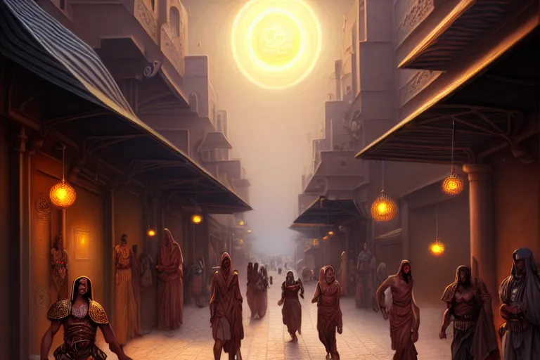 Image similar to a highly detailed crowded bazaar street in the desert city of tyr from the land of athas, amazing dark sun digital painting, by gerald brom, brom digital art, concept art, intricate details, ultra realistic, beautiful art, volumetric lighting, a blazing corona around the dark sun, by brom, trending cgsociety, artstation, rim lighting, 8 k