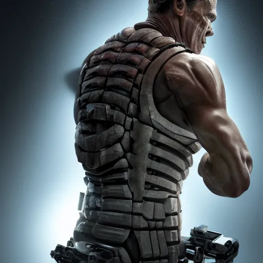 Image similar to hyperrealistic dslr film still of arnold schwarzenegger in dead space, stunning 8 k octane comprehensive 3 d render, inspired by istvan sandorfi & greg rutkowski & unreal engine, perfect symmetry, dim volumetric cinematic lighting, extremely hyper - detailed, incredibly real lifelike attributes & texture, intricate, masterpiece, artstation, 8 k 8 5 mm f 1. 4