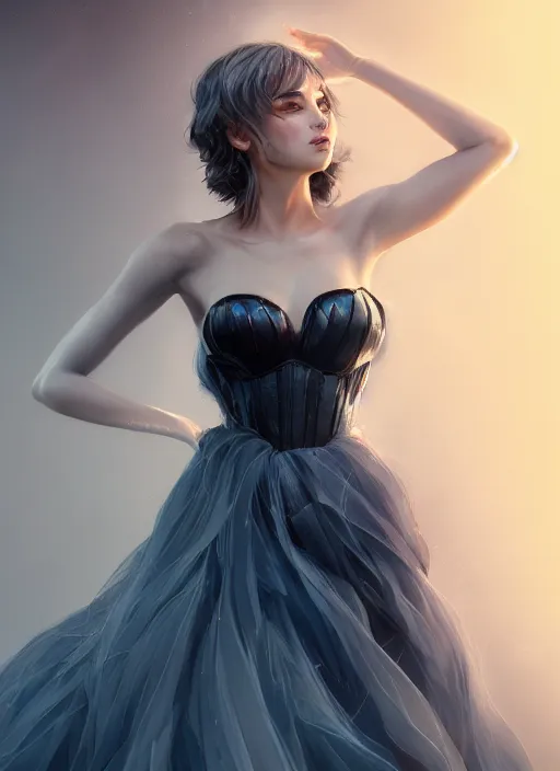 Image similar to beautiful fashion goddness, strapless dress, character portrait in the style of thomas river and artgerm, wlop, cinematic lighting, hyperdetailed, 8 k realistic, symmetrical, global illumination, radiant light, halo, love and mercy, frostbite 3 engine, cryengine, dof, trending on artstation, digital art, chanel