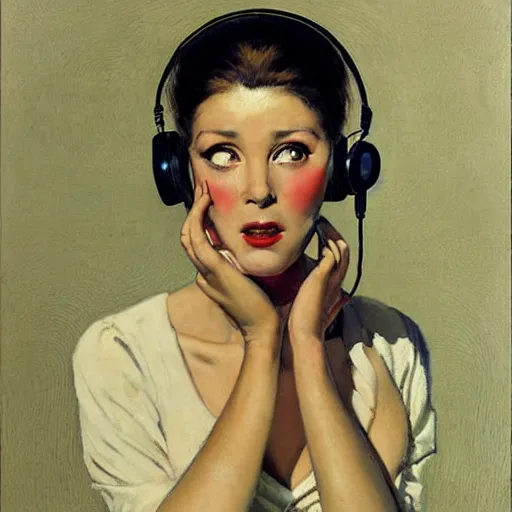 Image similar to Portrait of a woman with headphones that is shocked at what she's hearing, by Robert McGinnis.