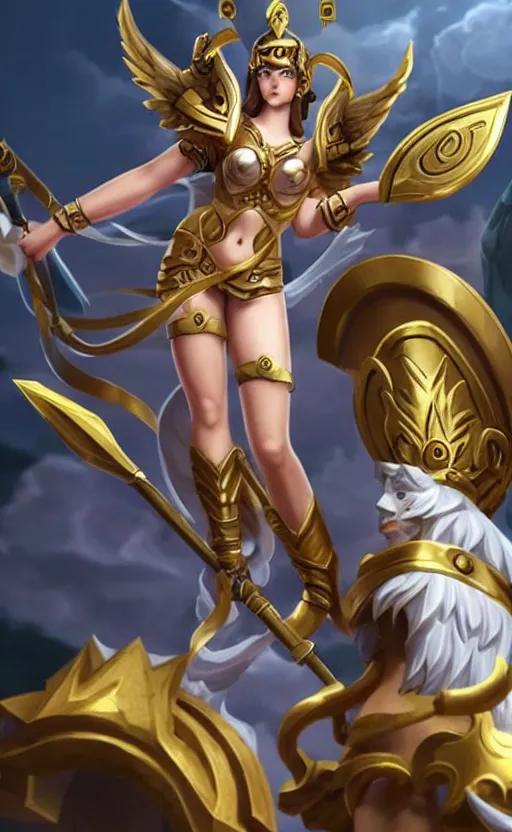 Prompt: athena greek god as a character in the game league of legends, with a background based on the game league of legends, detailed face, old 3 d graphics