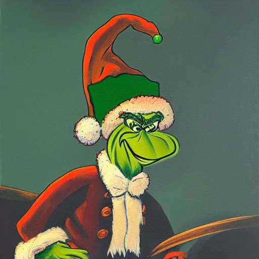 Image similar to a painting of the grinch dressed as a highwayman robbing a stagecoach