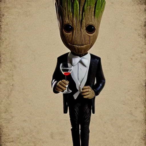 Image similar to realistic groot as a gentleman wearing tuxedo drinking wine, 1 0 0 mm, trending on artstation, behance, photorealistic, movie shot, studio lighting, 8 k