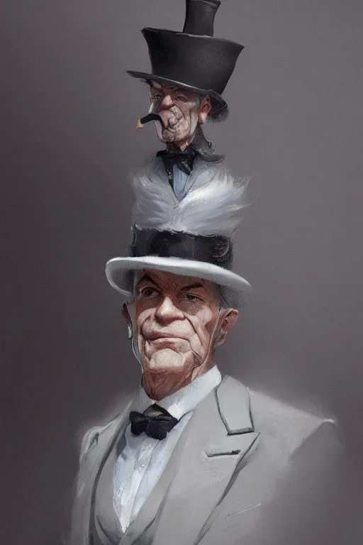 Image similar to a grey hair old halfling with no beard stubble top hat and suit by Greg Rutkowski, painting, portrait, HD, high details, trending on artstation