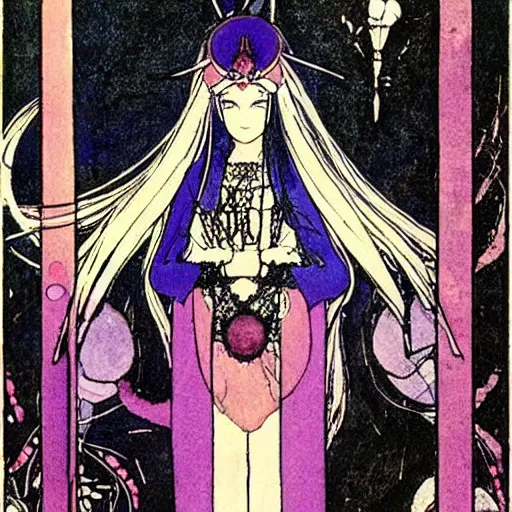 Prompt: madoka magica, artwork by Harry Clarke