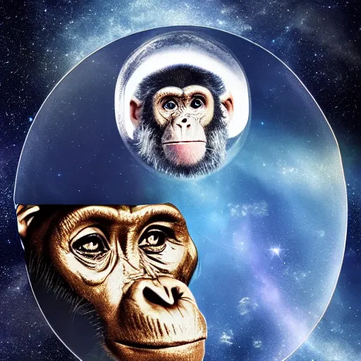 Image similar to double exposure portrait of astronaut and a chimpanzee astronaut with space and time in the the background by davinci, circles, psychedelic, pencil art, high definition, dynamic lighting stars, sharpness, golden ratio