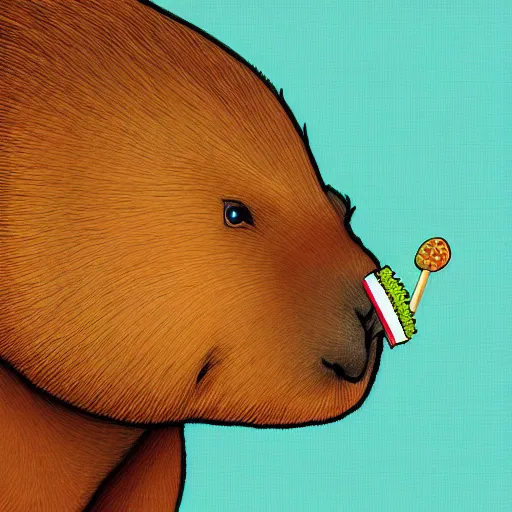 Image similar to A humanoid obese capybara eating a burger, digital art