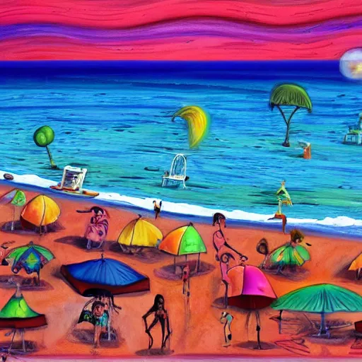 Prompt: a busy summer beach by tim burton