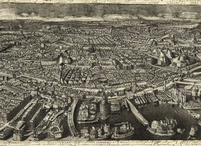 Prompt: detail from Hollar’s Panoramic view of cyberpunk London, 1647