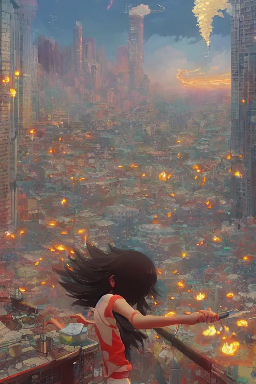 Image similar to A ultradetailed beautiful panting of a cup noodle monster attacking a city, Oil painting, by Ilya Kuvshinov, Greg Rutkowski and Makoto Shinkai