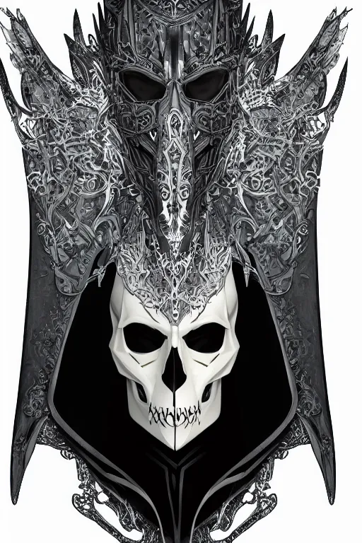 Image similar to hyper realistic digital art portrait of a villain wearing white bird skull mask, and high tech intricate armor and a black cloak.