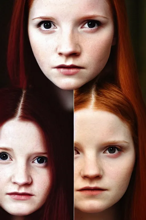 Image similar to ginny Weasley, symmetrical face two identical symmetrical eyes, feminine figure