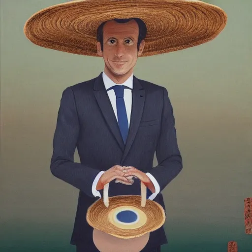 Image similar to a portrait of emmanuel macron wearing a straw hat in a scenic environment, traditional japanese art