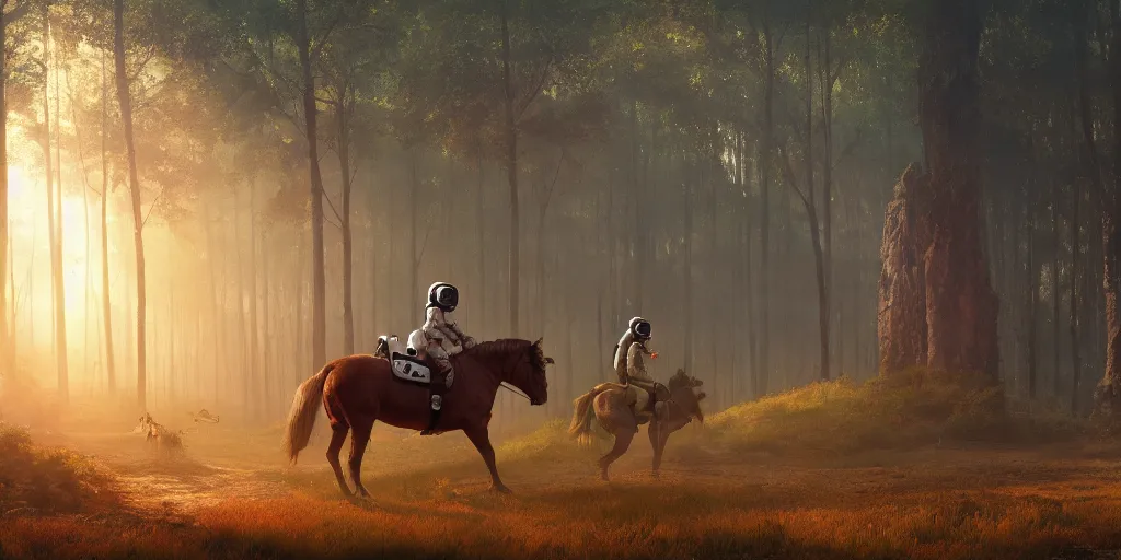 Prompt: american astronaut in an indian forest riding a beautiful horse, elegant scene, wide angle, cinematic, ultrarealistic, trending on artstation, cgsociety, highly detailed, color graded, rendered in Unreal Engine 4k HQ, matte painting, by simon stalenhag, horizon forbidden west