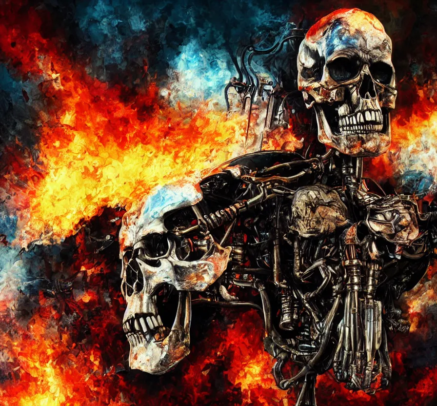 Image similar to terminator skull on flaming town, background, acrilic paint, digital, artstation, detailed, intricate, ink, illustration, heavenly atmosphere