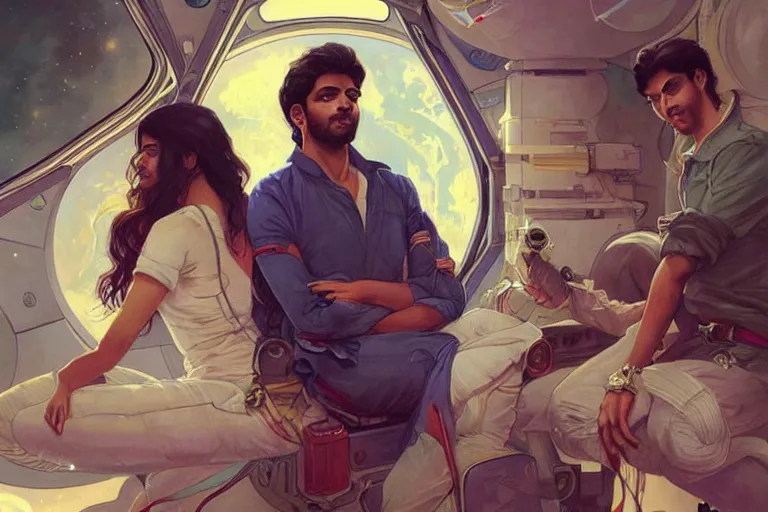 Image similar to Sensual good looking pale young Indian doctors wearing jeans in a space station above Earth, portrait, elegant, intricate, digital painting, artstation, concept art, smooth, sharp focus, illustration, art by artgerm and greg rutkowski and alphonse mucha