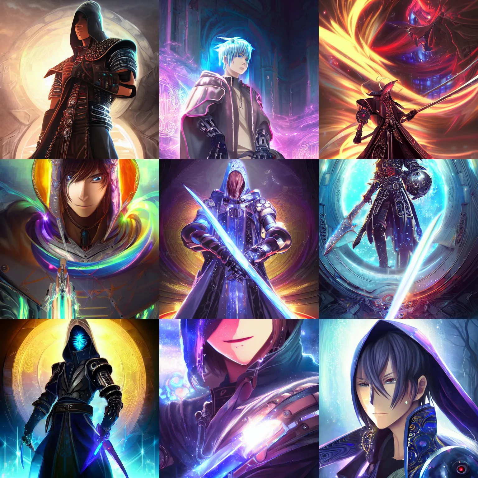 Prompt: 2.5D CGI anime fantasy portrait artwork of a hooded intricate cybernetic sorcerer warrior character with high quality glistening beautiful colors, rich moody atmosphere, reflections, specular highlights, omnipotent, megastructure realistic detailed background, brandishing iridescent cosmic sword, colourful crystals and gems, portrait in the style of Makoto Shinkai and Greg Rutkowski