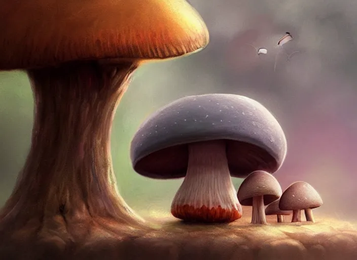 Image similar to a cute creature sitting next to a mushroom concept portrait, detailed, sharp focus, pastel, intricate, realistic, smooth, volumetric lighting, digital painting, by miyazaki