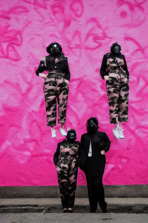 Image similar to a surreal portrait of two women wearing gas masks camouflaged into a wall of pink graffiti in the style of brooke didonato, editorial fashion photography from vogue magazine, full shot, nikon d 8 1 0, ƒ / 2. 5, focal length : 8 5. 0 mm, exposure time : 1 / 8 0 0, iso : 2 0 0