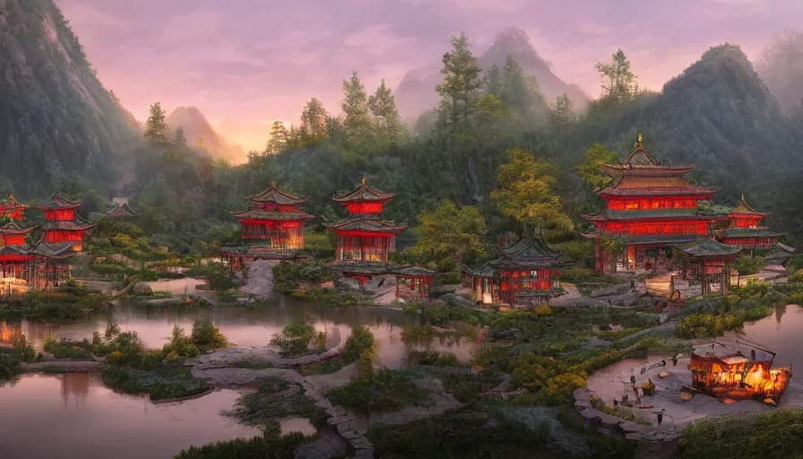 Prompt: chinese village built around a lake with forest at the foot of green gigntic mountains at sunset, fireplace, hyperdetailed, artstation, cgsociety, 8 k