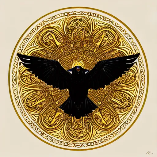 Prompt: beautiful golden round mandala of ravens, fully symmetrical, clean lines, fantasy, ornamental, detailed digital painting, artstation, concept art, painterly, sharp focus, illustration, art by John Collier and Krenz Cushart and Artem Demura and Rafael and Alphonse Mucha and Albert Aublet