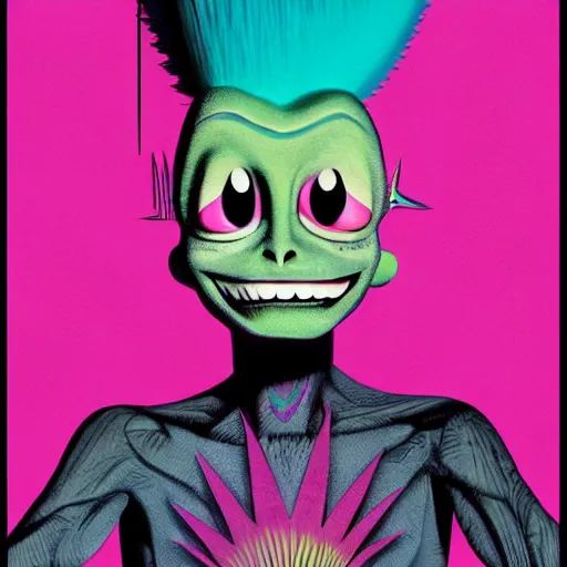 Image similar to a pink punk rock alien with spiked hair, an airbrush painting by Jamie Hewlett, cgsociety, symbolism, antichrist, aesthetic, 8k