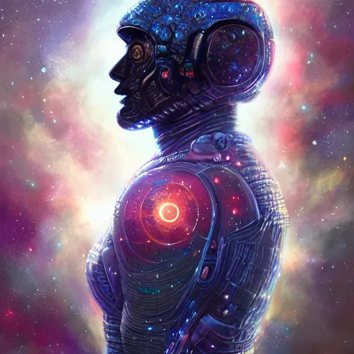 Prompt: Portrait of a cosmic god, space suit made of stars, galaxy and nebulas, intricate, cinematic lighting, highly detailed, digital painting, artstation, concept art, smooth, sharp focus, illustration, art by Artgerm and Greg Rutkowski