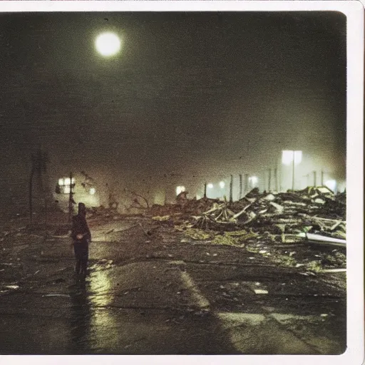 Image similar to old polaroid of a artificial intelligence walking on a destroyed city, rain, dark sky