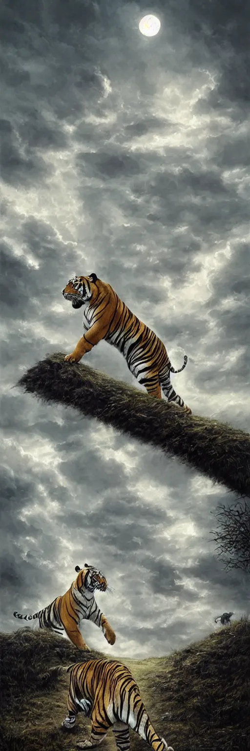 Image similar to a full side view Bengal Tiger walking parallel to 1950 3 storey plain block apparent, dramatic moonlight with some clouds, cinematic lighting, ultra detailed, highly detailed, sharp focus, scene et observed by 2 scaired blond European boys, photographic, art by artgerm and greg rutkowski and zdislav beksinski